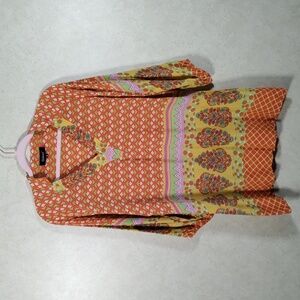 01566 Tolani orange, pink & yellow silk v-neck tunic M